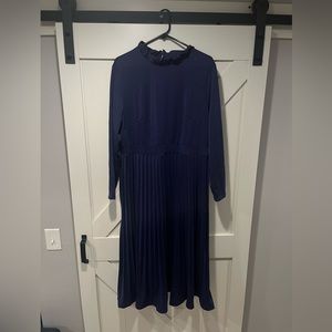 Formal Navy Blue Pleated Skirt Dress Frill Neck